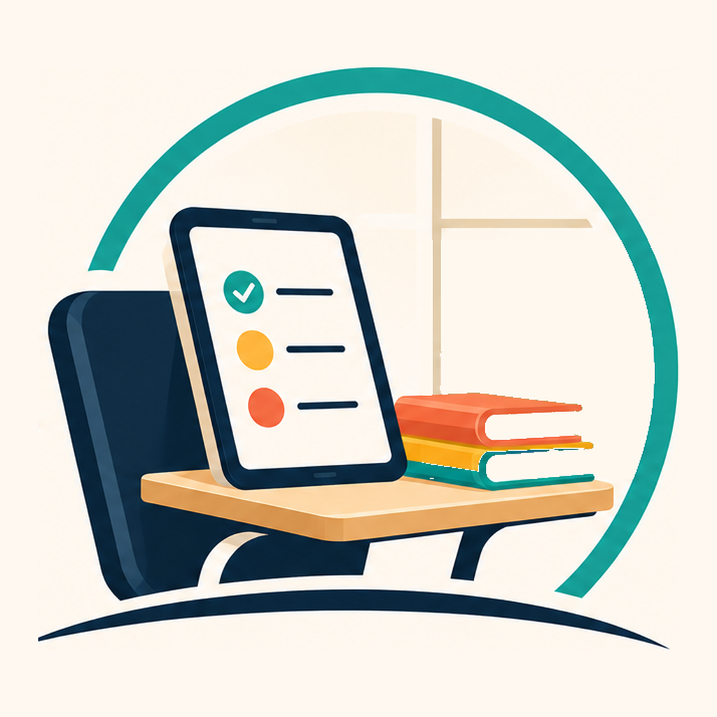 Roll Call ID app icon showing a classroom tablet, books, and checklist