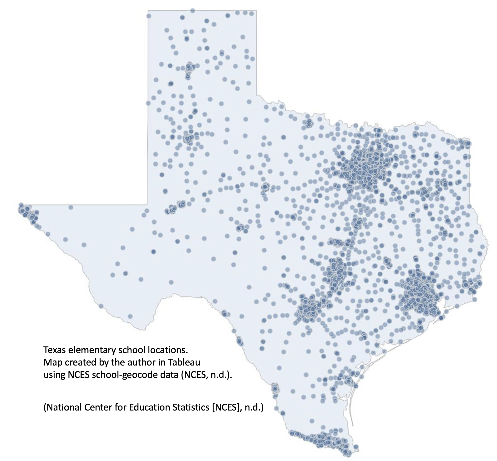 Map of Texas showing elementary school locations across the state